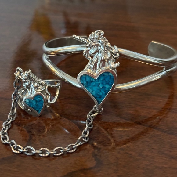 Jewelry - Vintage Unicorn Cuff and Chain Ring Bracelet